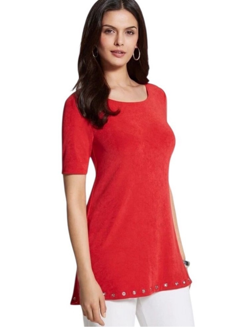 Chicos Travelers Grommet Hem Top Slinky Knit Tunic Red Womens Large EUC